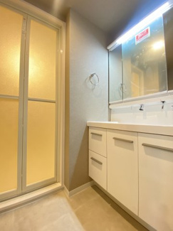 三面鏡の裏は整髪料や歯ブラシなどもスッキリと収納可能です。洗面台下のパイプスペースにも洗剤などをご収納いただけます。