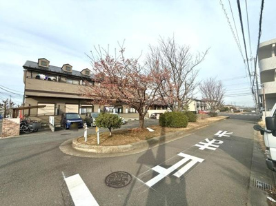 駐車スペースがしっかり確保された敷地内には季節感を感じられる植栽が配置されています。周辺も見通しが良く道路が広々としています。建物はシンプルな外観で落ち着いた雰囲気が魅力です。