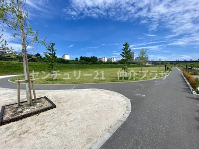 緑豊かな空間が広がるリラックスできる公園です。青空と白い雲が美しい景観を作り出しています。散歩やジョギングに最適な広々とした道が魅力的です。