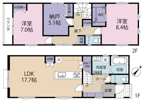 17.7帖LDKと5.1帖納戸、WICや各所に収納を備え、収納力に配慮した3LDK+Sの間取りです。