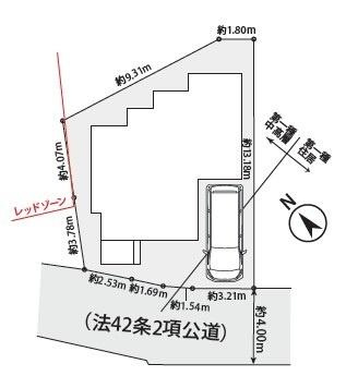 敷地の形状や各辺の長さがひと目で分かる区画図です。駐車スペースの配置も分かりやすく表示されています。道路幅員や方位も確認しやすく整った区画が特徴です。敷地全体のバランスも把握しやすい内容です。