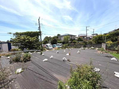 現地土地写真から広々とした敷地が特徴的です。周囲には緑が多く開放的な雰囲気が感じられます。