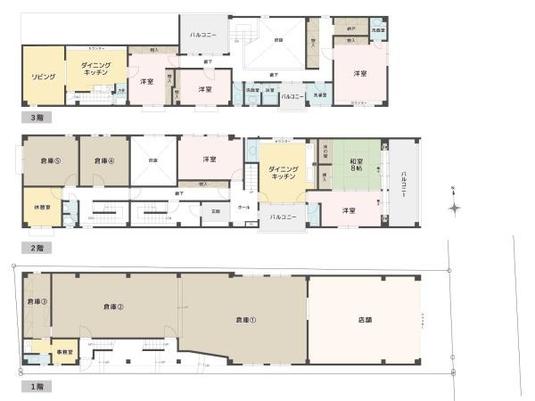 ゆったりした間取りで各部屋が機能的に配置されています。和室と洋室がバランスよく組み合わさっています。収納スペースが充実し店舗スペースも確保されています。