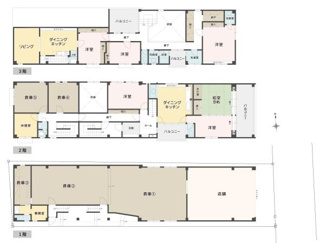 ゆったりした間取りで各部屋が機能的に配置されています。和室と洋室がバランスよく組み合わさっています。収納スペースが充実し店舗スペースも確保されています。