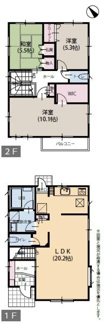 2階建ての間取りでLDKが20.2帖と広々しています。2階には和室と洋室がありバルコニーやウォークインクローゼットも備えています。