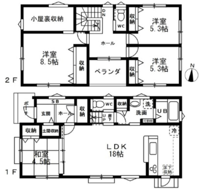 全居室に収納を備えるほか2階には大容量の小屋裏収納を完備。家事動線に配慮した水回り集約の設計です。
