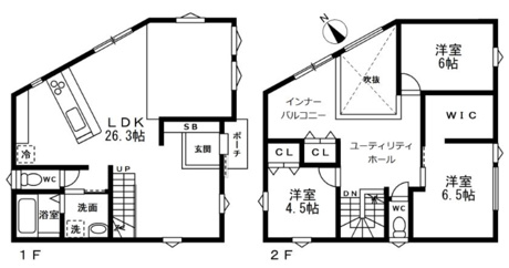 個性的で贅沢な空間使いの間取りで、圧倒的な広さのLDKと2階のユーティリティホールが目を引きます。