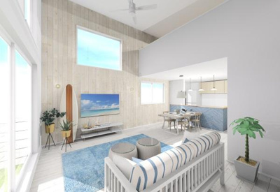 開放感のある吹き抜けが特徴的なリビングです。大きな窓から光が差し込む明るい空間となっています。シンプルで統一感のあるインテリアが印象的です。ゆとりある間取りで家具の配置も自由に楽しめます。