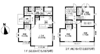 1階と2階にそれぞれ洋室が配置されておりさまざまなライフスタイルに対応しやすい設計です。広々としたLDKが16帖でゆとりを感じられる空間です。