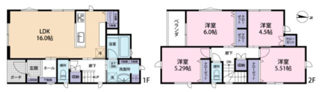 1階には家族が集う広々としたLDK。洗面所や浴室などの水回りが集約されており家事動線もスムーズ！
