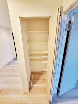 扉付きの収納スペースが設けられています。可動棚仕様で高さの調節がしやすく収納物の整理がしやすいです。通路に面しているためアクセスも便利な収納です。収納スペースの活用がしやすい間取りです。