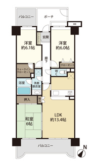 3LDK、価格1980万円、専有面積71.53m2、バルコニー面積14.12m2 
全居室収納付きの3LDKで空間を広々ご利用いただけます。
