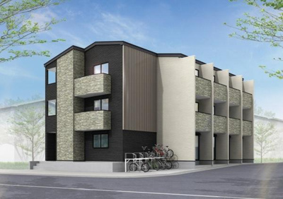 シックな色合いの外観が目を引きます。バルコニー付きのデザインが特徴的です。重厚感ある外壁が落ち着いた印象を与えます。各住戸が独立しておりプライベート感も感じられます。