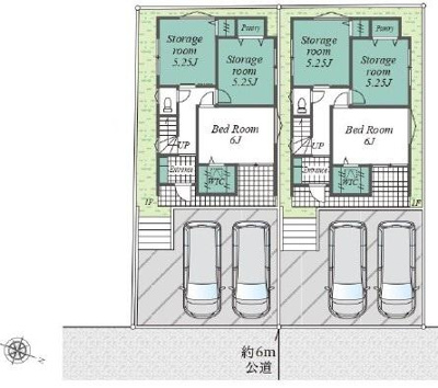 区画内にはそれぞれ駐車スペースが2台分設けられております。収納スペースも豊富に確保されておりゆとりのある間取りが特徴です。約6mの公道に面しているため車の出し入れもスムーズです。