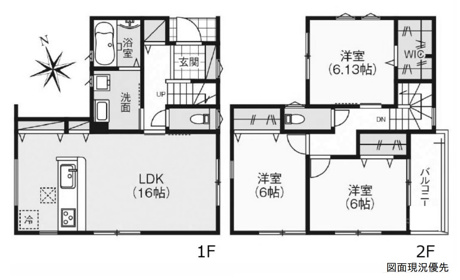 3LDK＋WICの間取り。LDKは16帖を確保し、2階には6帖以上の洋室を3室配置。バルコニー付きです